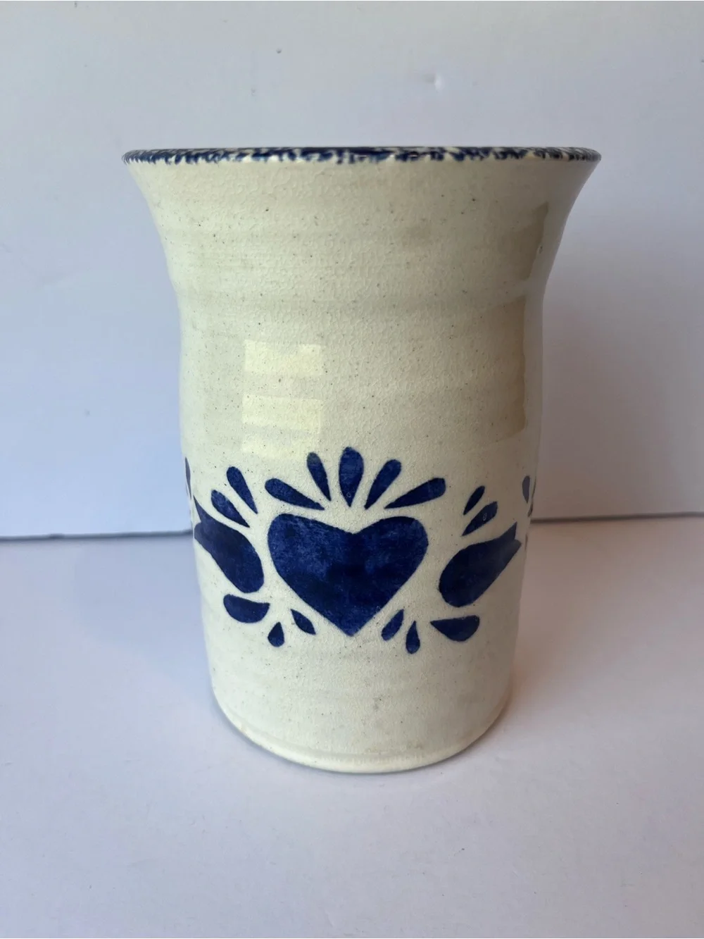 Vintage Pottery Stoneware Blue Heart Vase Country Farmhouse Cottagecore